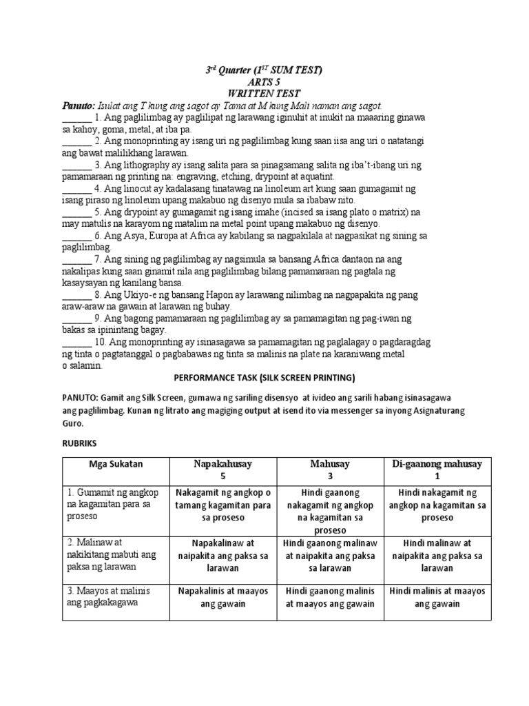 3RD Quarter-Wt and PT 1 and 2-Arts 5 | PDF