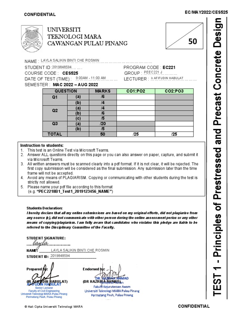 Test 1-Ces525 Question Endorsed | PDF | Prestressed Concrete