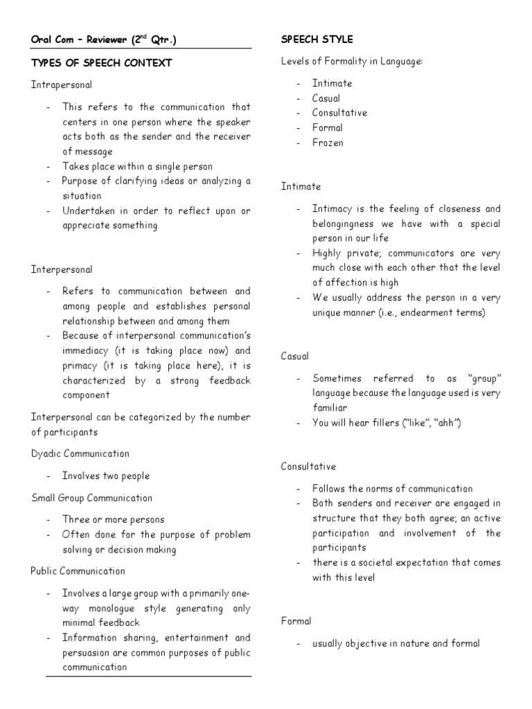 Grade 11 Oral Communication Reviewer Q2 | PDF | Communication | Psychology
