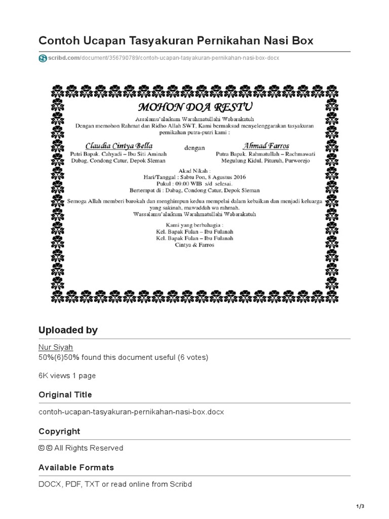 Scribd.com-Contoh Ucapan Tasyakuran Pernikahan Nasi Box | PDF