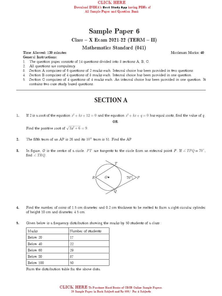 CBSE Class X Maths Sample Paper 6 | PDF | Circle | Volume