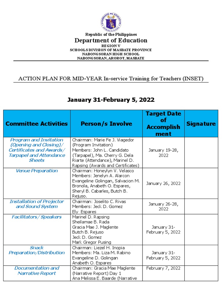 Mid-Year INSET Action Plan 2022 | PDF