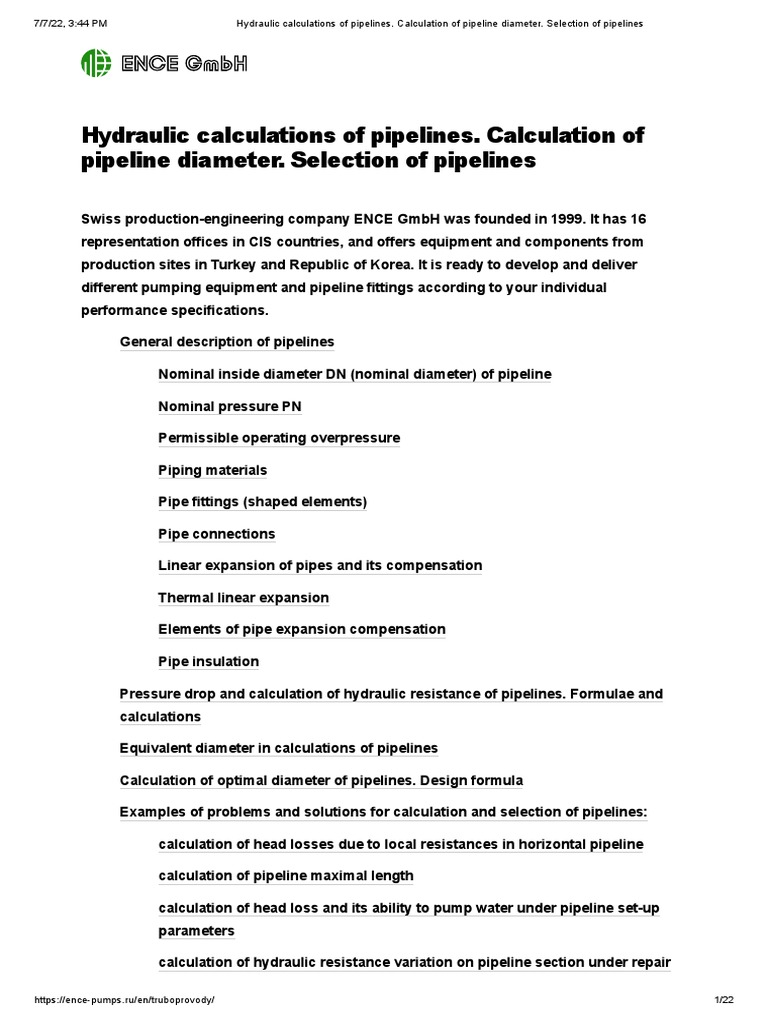 Hydraulic Calculations of Pipelines. Calculation of Pipeline Diameter