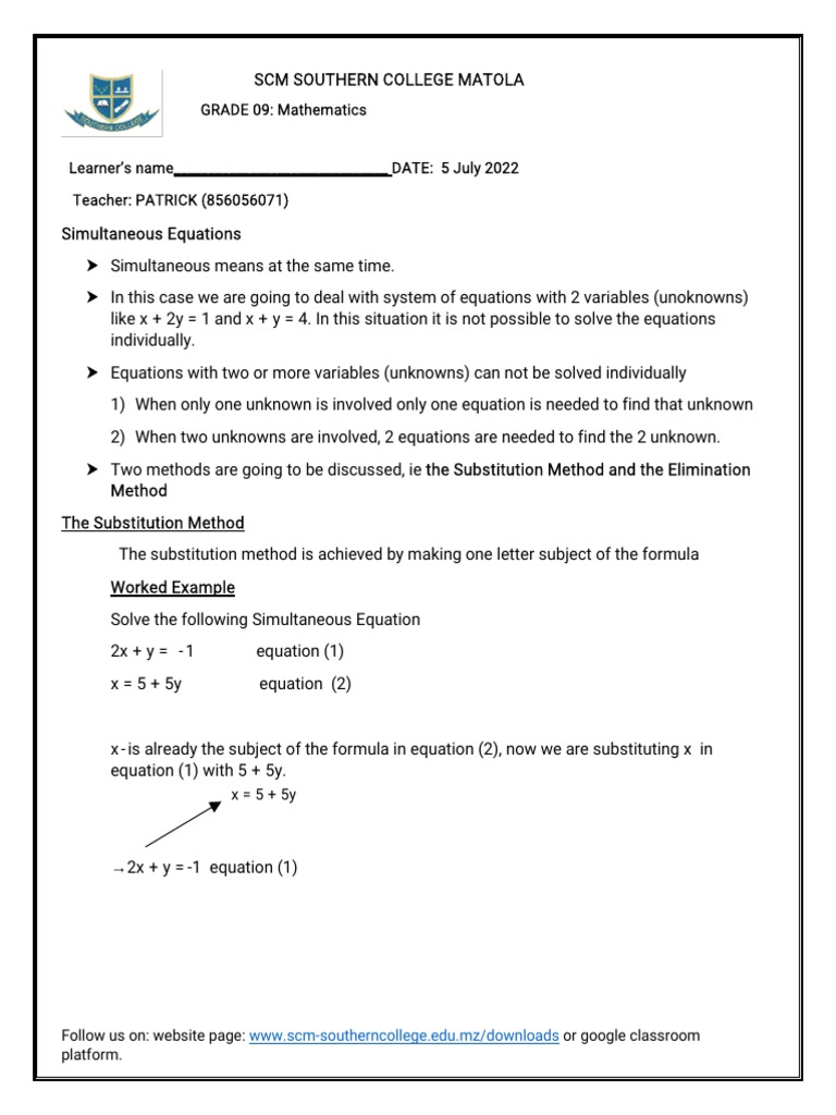 Grade 9 Simultaneous Equations Guide | PDF