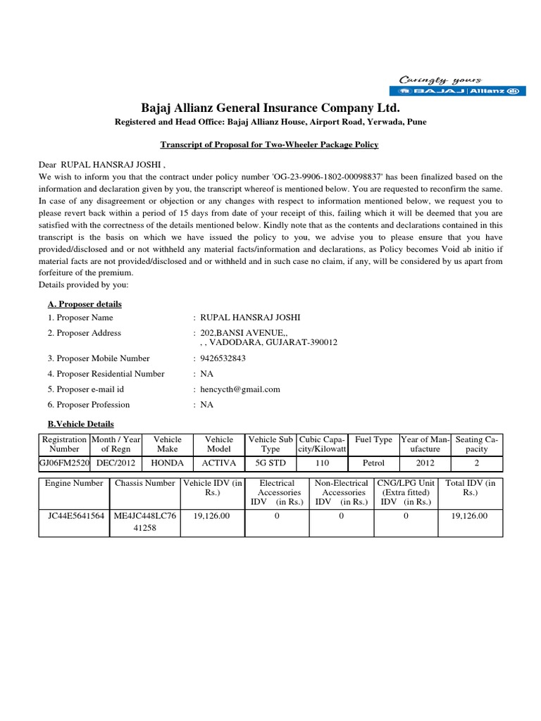 Two-Wheeler Insurance Policy Details | PDF | Insurance | Deductible
