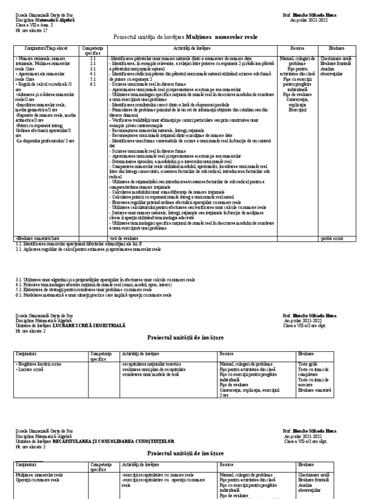 Planificare Unitati de Inv. A VII-A 2021-2022 | PDF