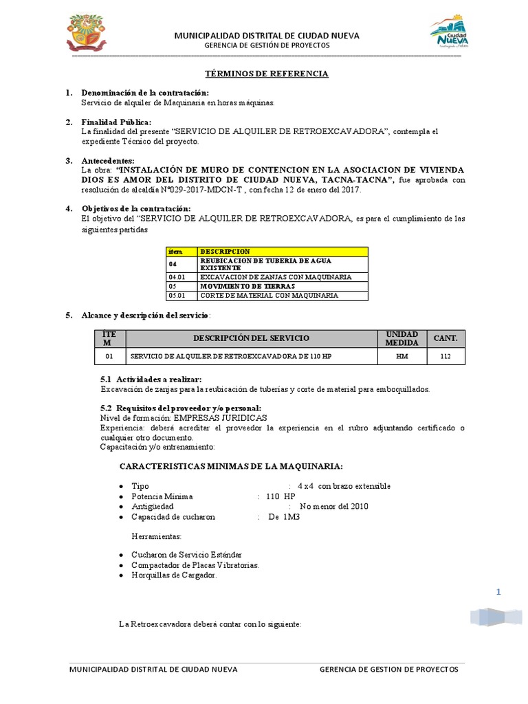 Alquiler de Retroexcavadora para Proyecto Municipal | PDF