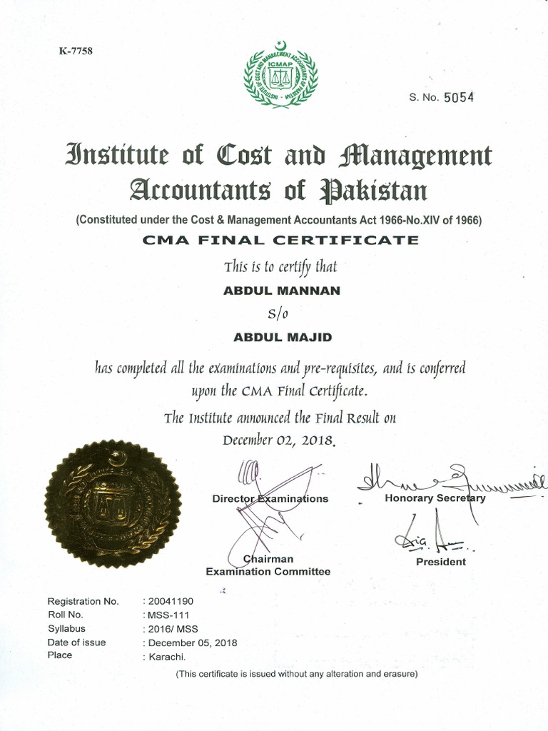 CMA Final Certificate | PDF