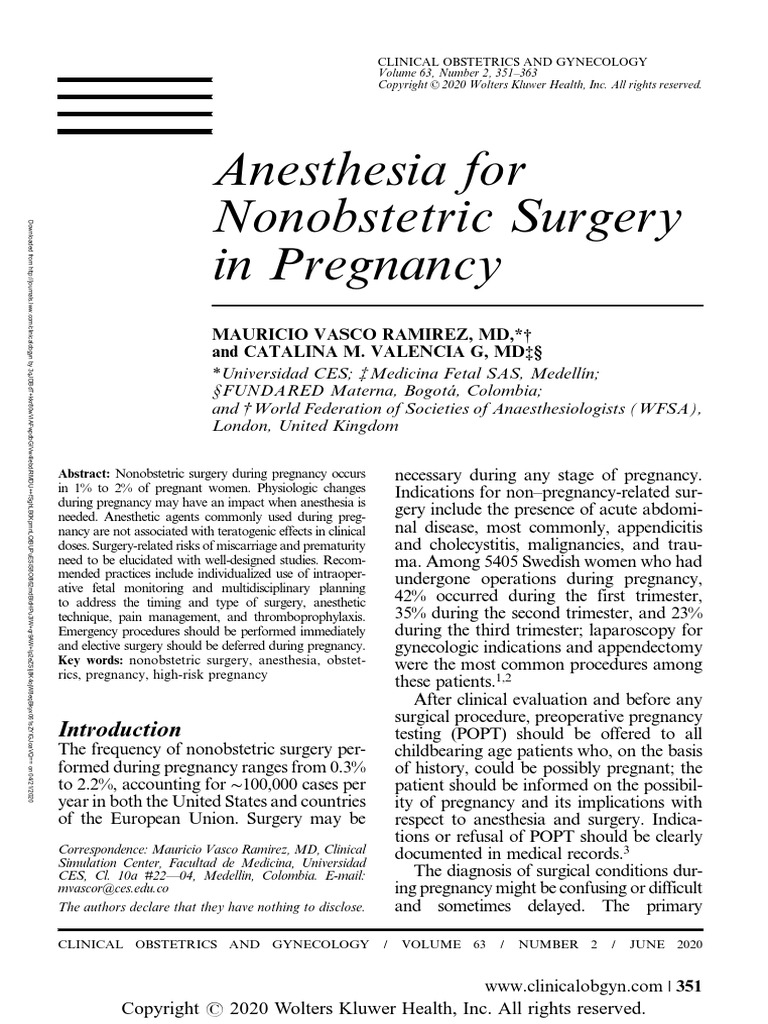 Anesthesia For Nonobstetric Surgery in Pregnancy PDF Anesthesia