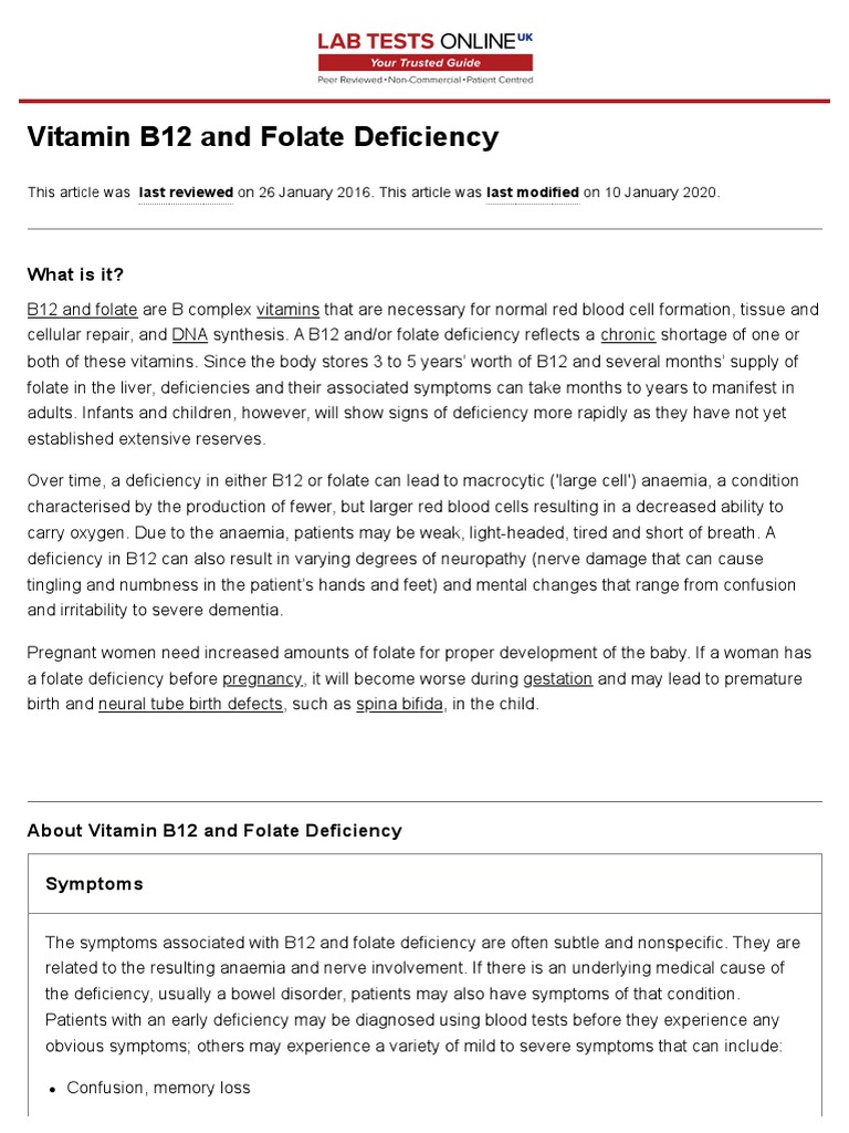 Vitamin B12 Deficiency PDF Vitamin B12 Anemia