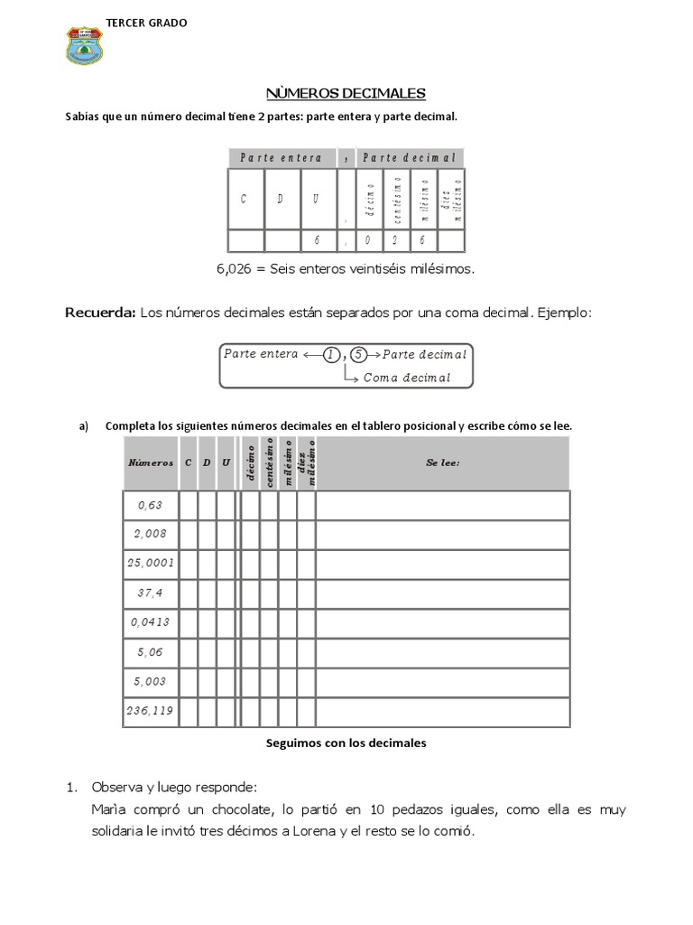Ficha Que Son Los Numeros Decimales para Tercero de Primaria | PDF ...