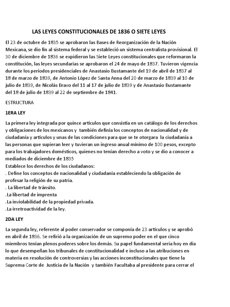 LAS LEYES CONSTITUCIONALES DE 1836 O SIETE LEYES PDF Gobierno Ley constitucional