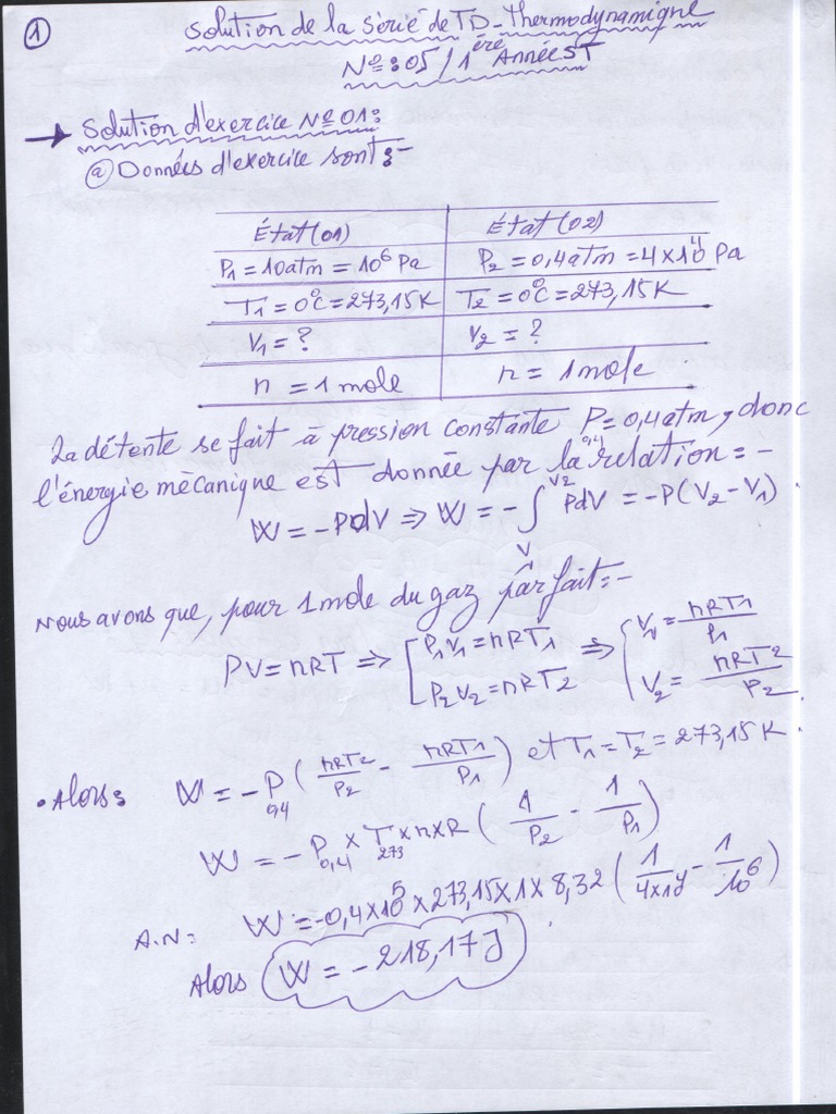 Solution de TD N°05 - Thermodynamique | PDF