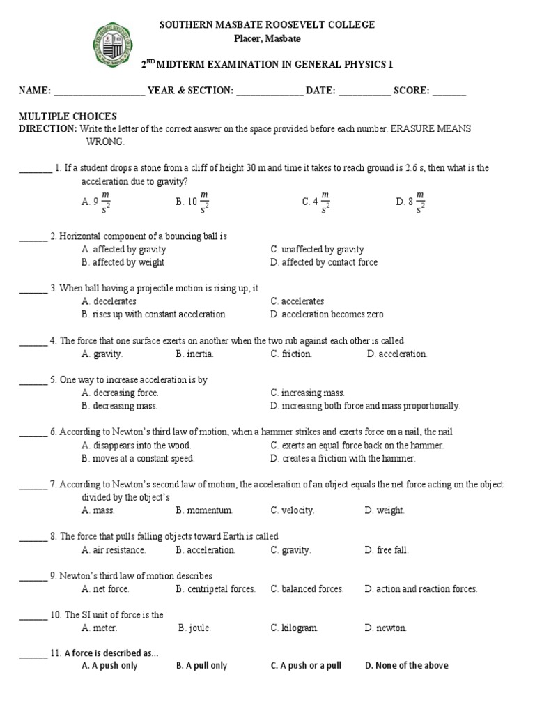 2nd Midterm in General Physics 1 | PDF | Force | Acceleration
