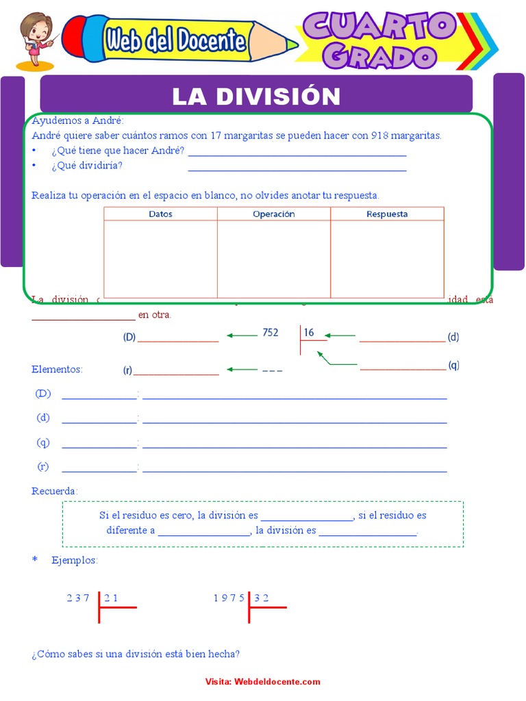 Ejercicios de División para Cuarto Grado