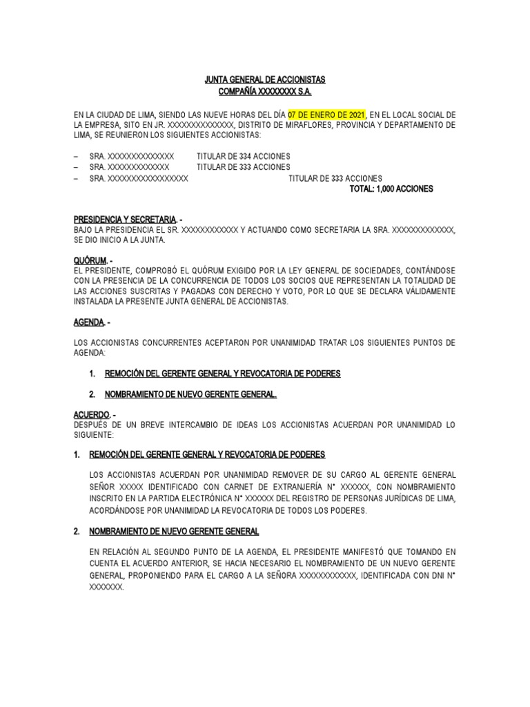 Acta Junta General de Accionistas 2021 | PDF | Gobierno