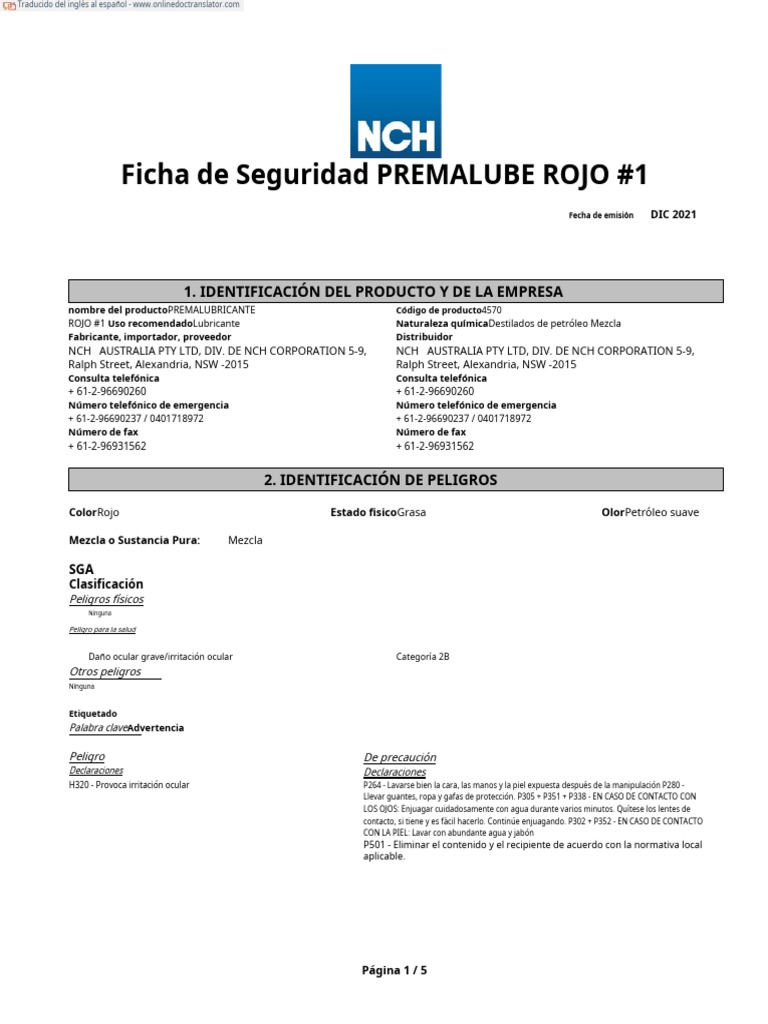 Premalube Red 1 NCH PDF Agua Toxicidad