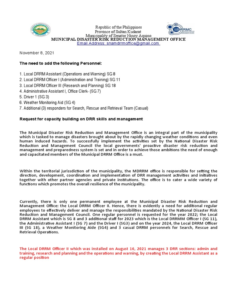 Staffing Needs for MDRRM Office | PDF | Disaster Risk Reduction ...