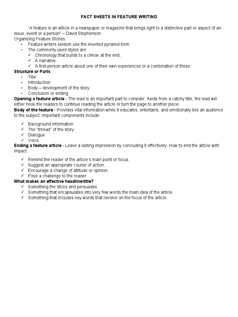 Feature Writing Fact Sheet Guide | PDF | Career & Growth