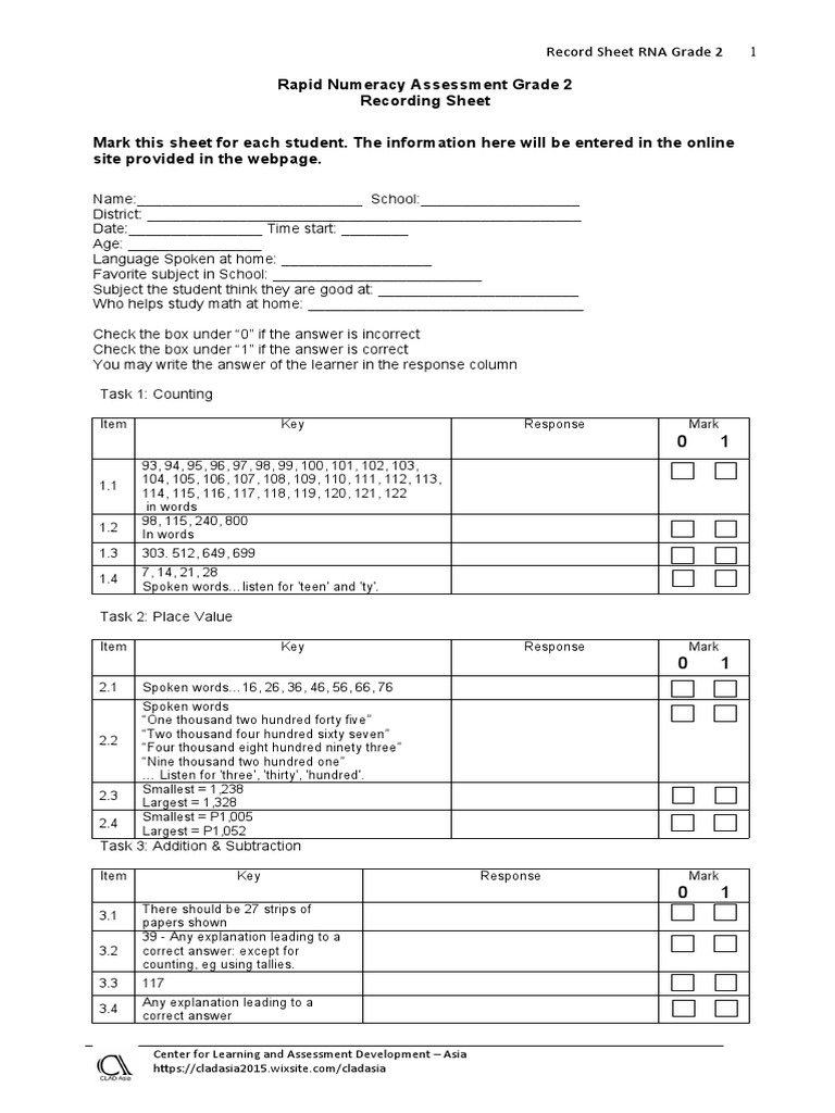 Grade 2 Rapid Numeracy Assessment Sheet | PDF | Cognitive Science ...