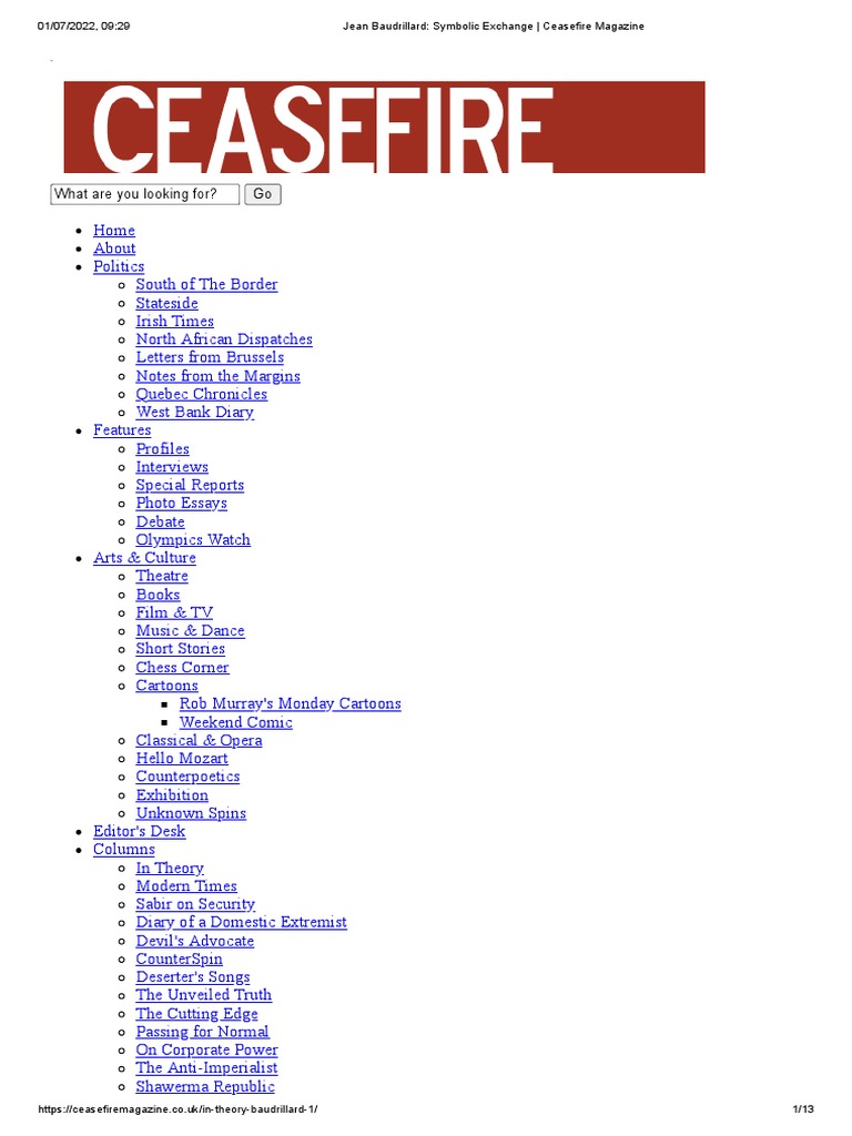 Jean Baudrillard Symbolic Exchange Ceasefire Magazine PDF