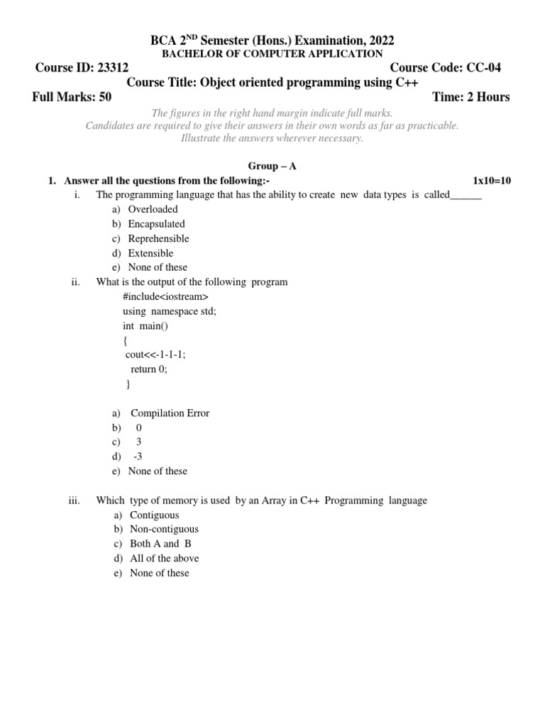 Course Id 23312 OBJECT ORIENTED PROGRAMMING USING C++ | PDF | C++ ...