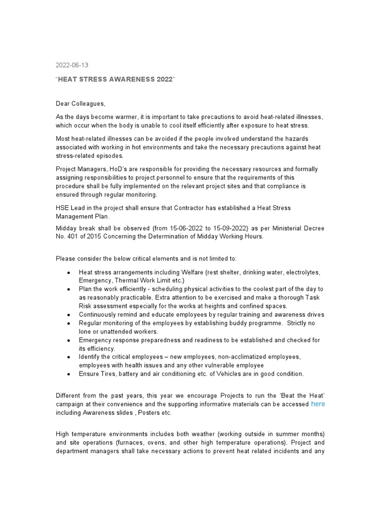 Safety in Heat Memo 2022 | PDF | Hyperthermia | Heat