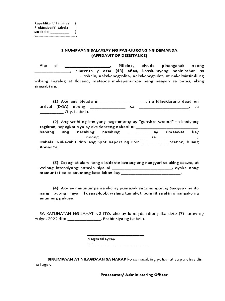 Sinumpaang salaysay Tagalog affidavit of desistance PDF