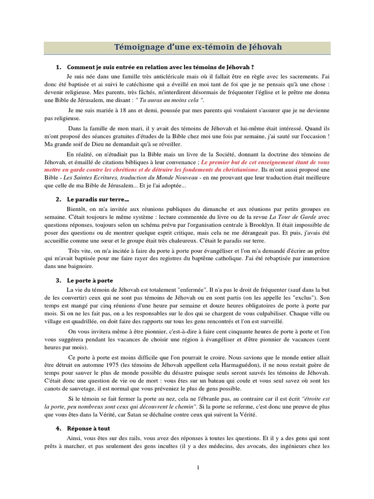 Comment Pieger Un Témoin De Jéhovah Pdf Témoignage D'une Ex-Témoin de Jéhovah | PDF | Bible | Jésus