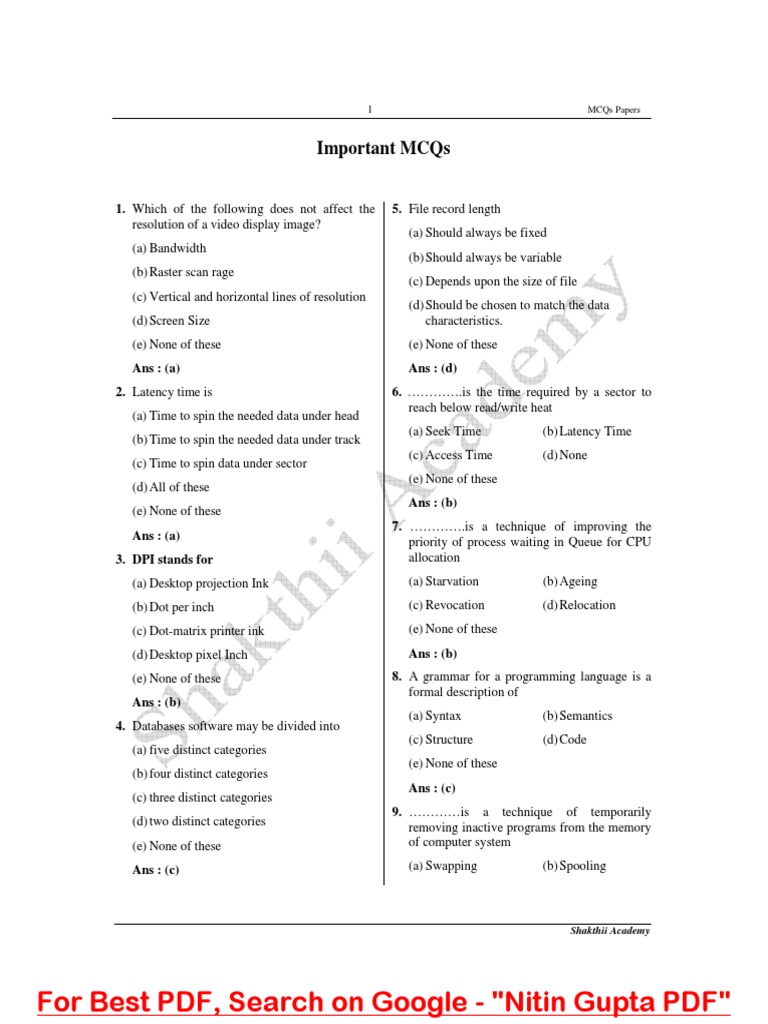 2000 Computer MCQs PDF For Competitive Exam PDF Databases Computer Network