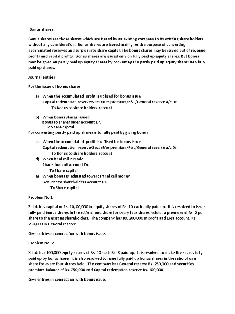 Journal Entries For The Issue of Bonus Shares | PDF | Equity 