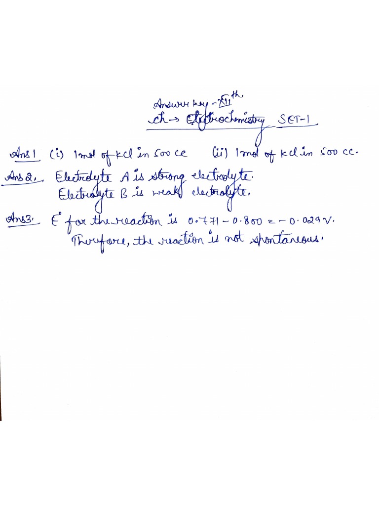 Answer Key (CH Electrochemical Set1) 12th PDF Redox Chlorine