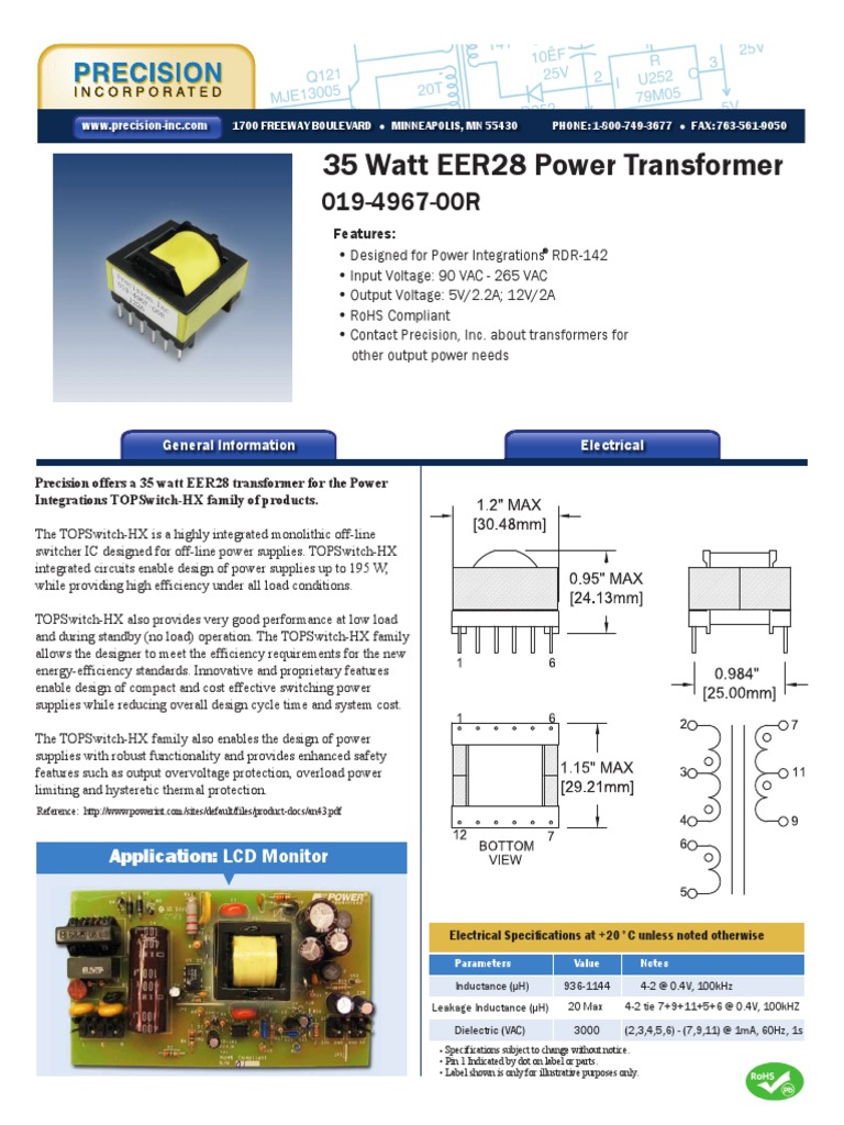 Precision 019 4967 00R Datasheet PDF Power Supply Transformer