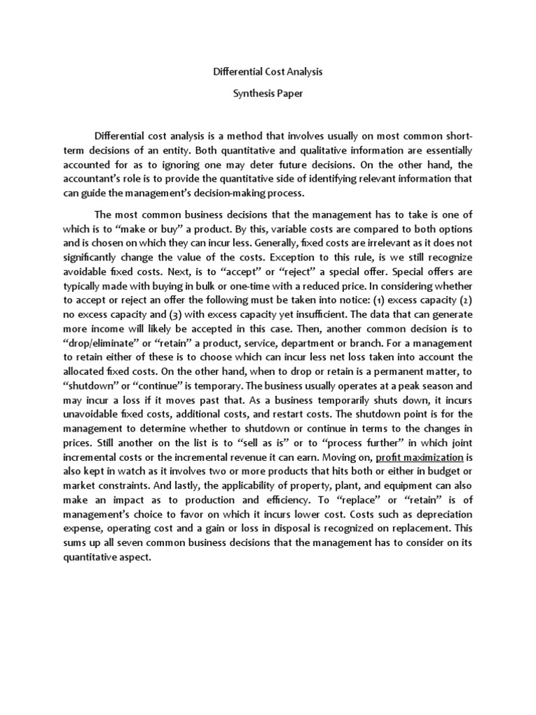 Differential Cost Analysis PDF Cost CostBenefit Analysis