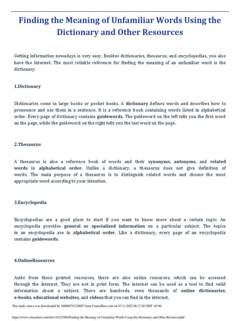 Finding The Meaning of Unfamiliar Words Using The Dictionary and Other