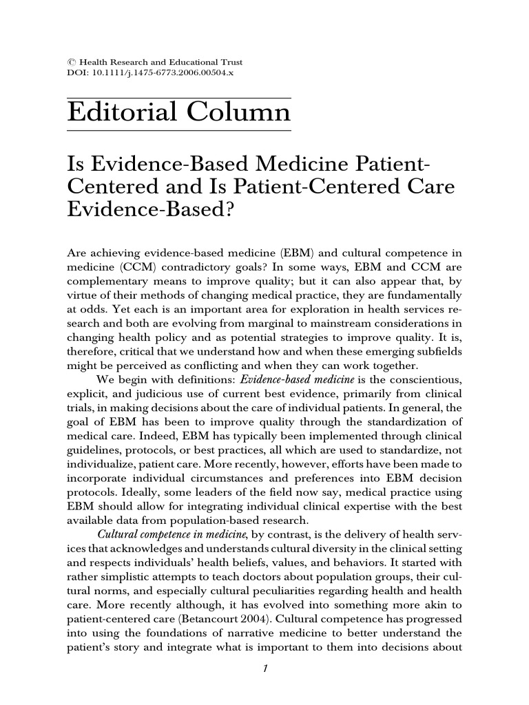 Editorial Column Is EvidenceBased Medicine PatientCentered and Is PatientCentered Care