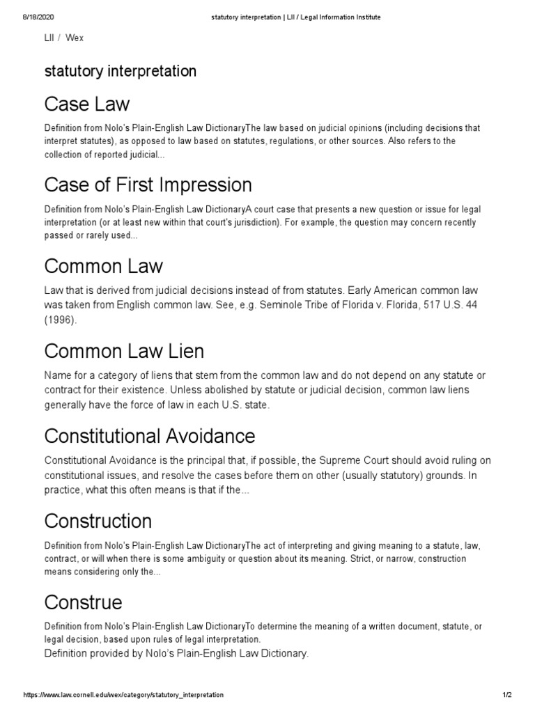 Definition of Statutory Interpretation PDF Common Law Statutory