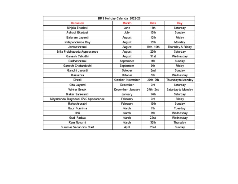 BMS Holiday Calendar 20222023 Sheet1 PDF