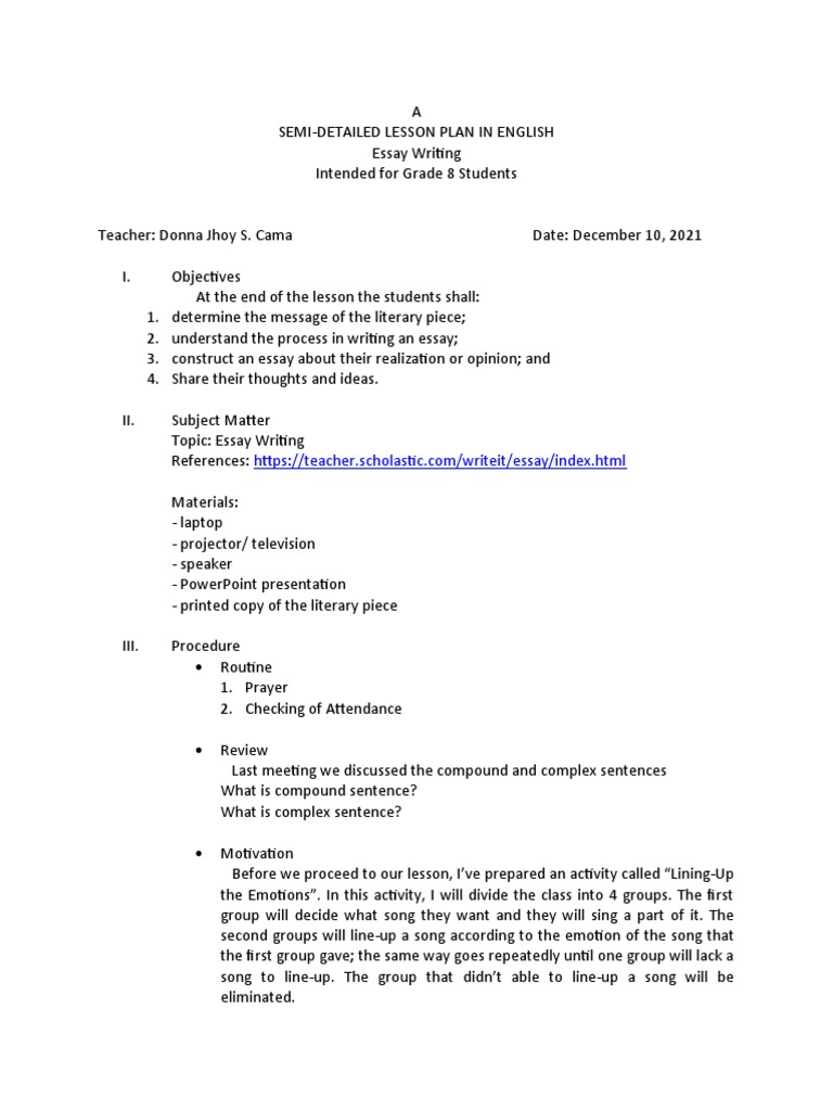 Grade 8 Essay Writing Lesson Plan | PDF | Essays | Lesson Plan