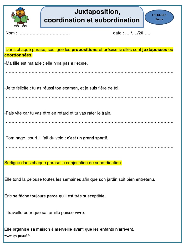 Exercice Phrase Complexe Juxtaposition Coordination Subordination Exercices Juxtaposition Coordination Et Subordination | PDF | Clause |  Syntaxe