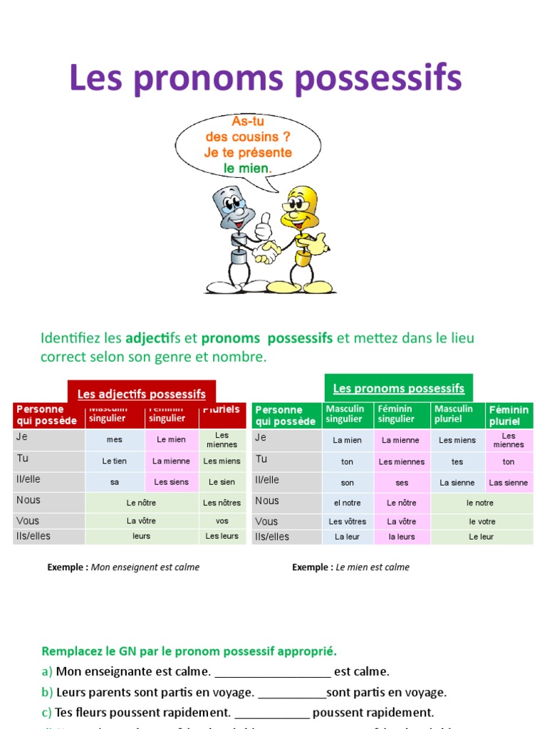 Déterminant Possessif Exemple Les Pronoms Possessifs Session 4 | PDF | Genre grammatical | Nombre  grammatical