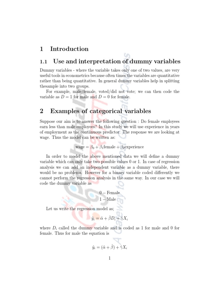 1 Use and Interpretation of Dummy Variables Download Free PDF Dummy