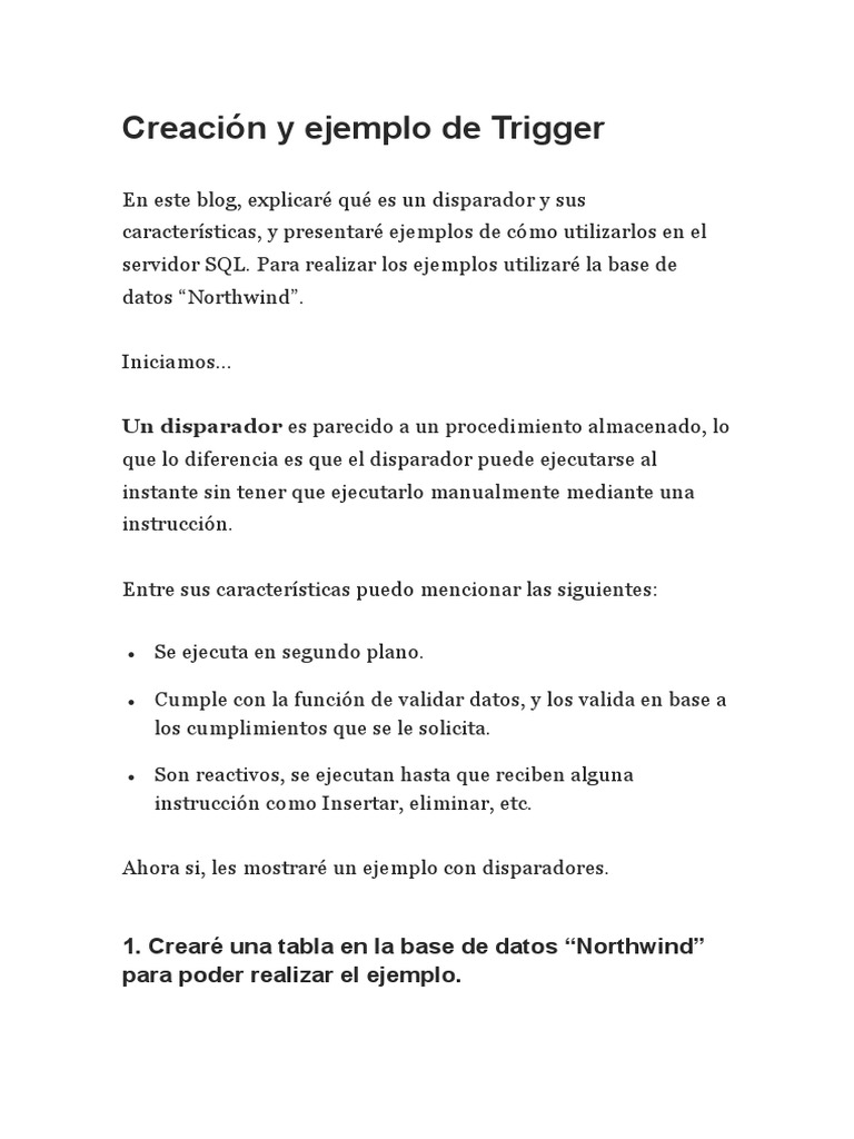 Ejemplo de Creación de Trigger en SQL | PDF | Gestión de tecnología de ...