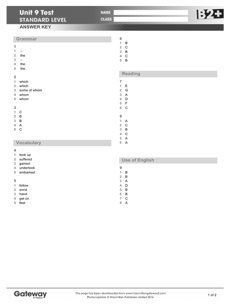 B2+ UNIT 9 Test Answer Key Standard | PDF | Language Arts & Discipline ...