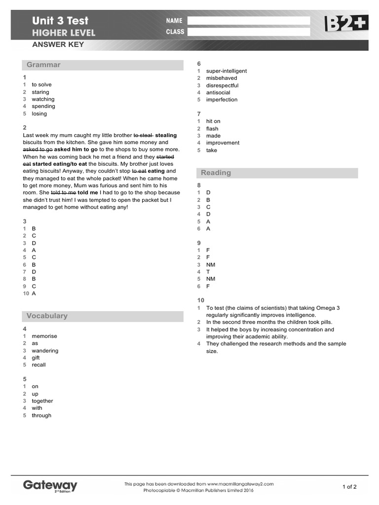 Gateway B2+ Unit 3 Answer Key | PDF | Learning | Cognition