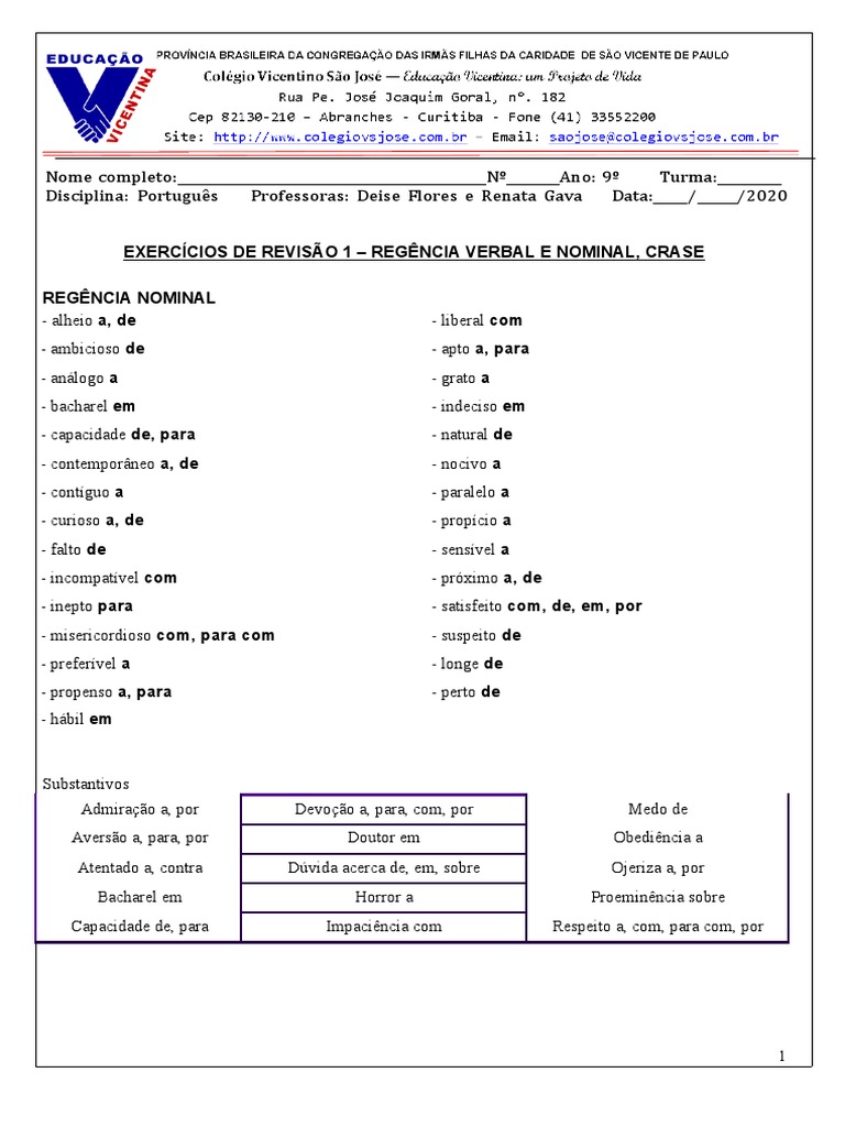 9 Ano Portugues Exercicios Revisao 1 Regencia Verbal Nominal Crase ...