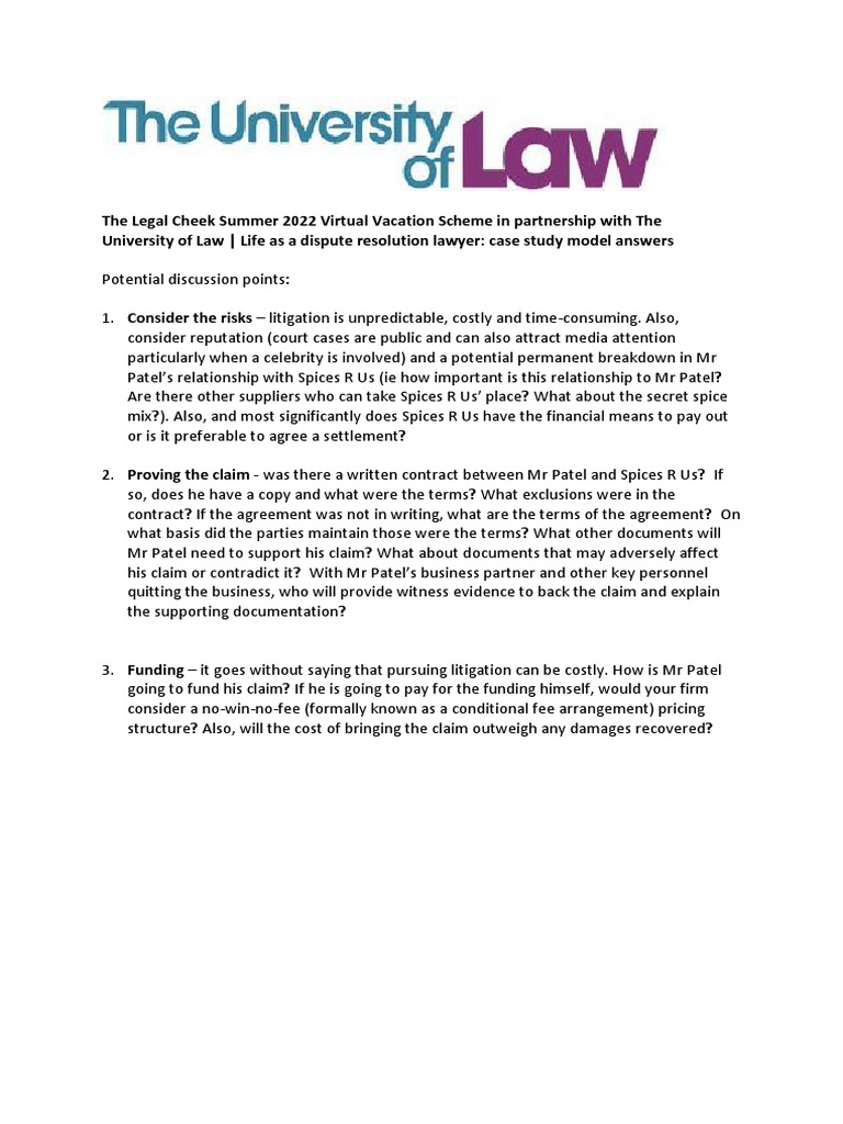 Day 4 ULaw Litigation Case Study Model Answer.01 | PDF | Business ...
