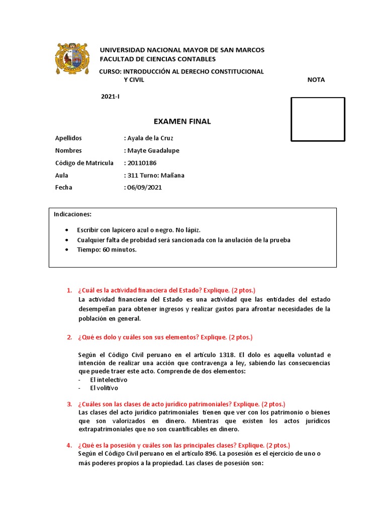 Examen Final de Introduccion Al Derecho Constitucional y Civil - 2021 I ...