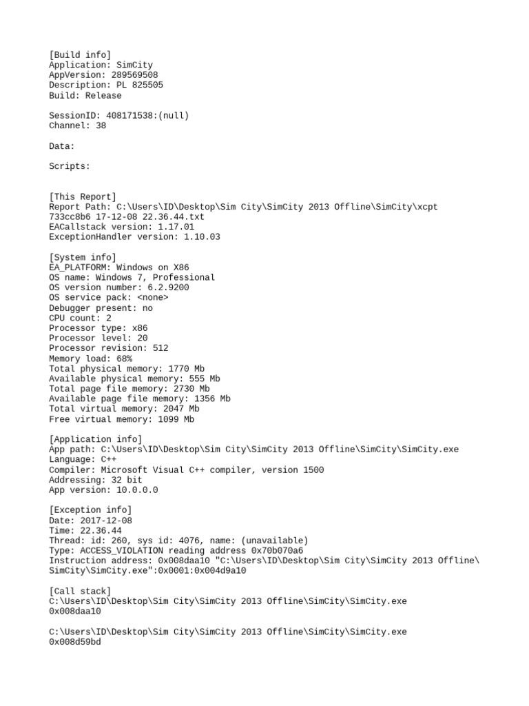 SimCity 2013 Crash Report Analysis | PDF | Computer Architecture ...