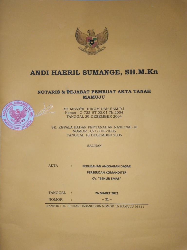 Perubahan Anggaran Dasar CV Benur Emas | PDF